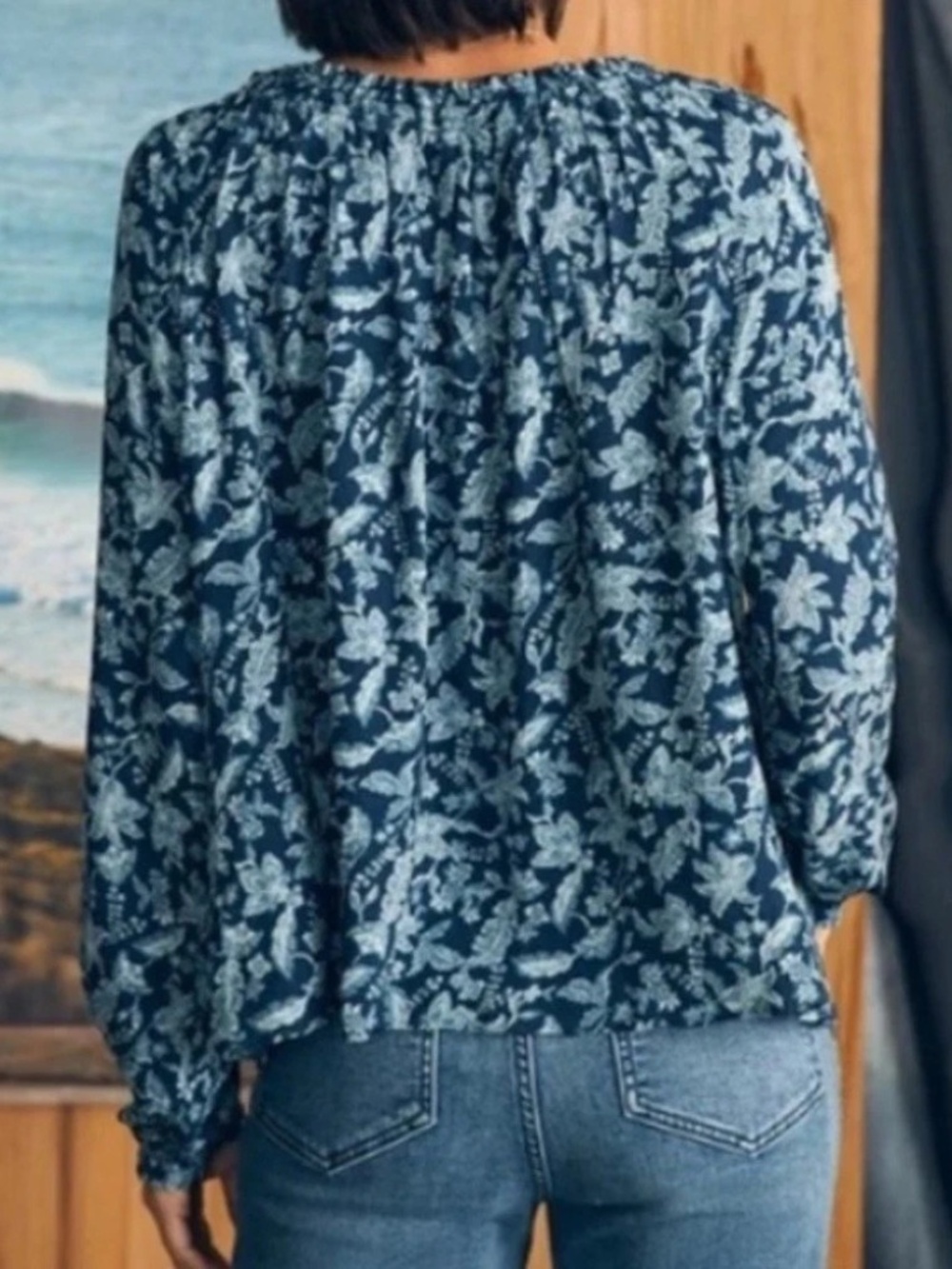 Faherty Emery Long Sleeve Top Blouse Size S Blue Esna Floral Fall Boho Peasant - Picture 5 of 8